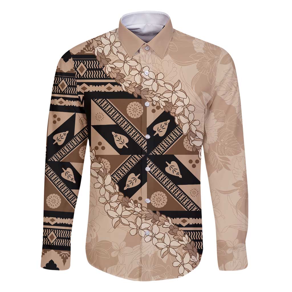 Bula Fiji Plumeria Tagimoucia Salusalu Beige Family Matching Long Sleeve Bodycon Dress and Hawaiian Shirt Kaiviti Masi LT7 Dad's Shirt - Long Sleeve Beige - Polynesian Pride