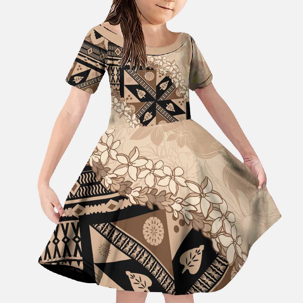 Bula Fiji Plumeria Tagimoucia Salusalu Beige Family Matching Mermaid Dress and Hawaiian Shirt Kaiviti Masi LT7 Daughter's Dress Beige - Polynesian Pride