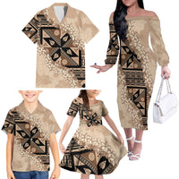Bula Fiji Plumeria Tagimoucia Salusalu Beige Family Matching Off The Shoulder Long Sleeve Dress and Hawaiian Shirt Kaiviti Masi LT7 - Polynesian Pride