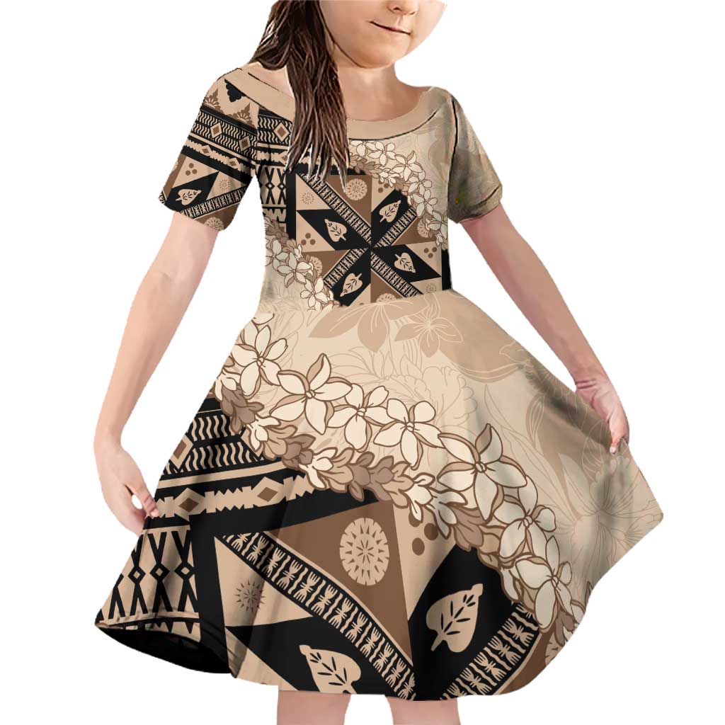 Bula Fiji Plumeria Tagimoucia Salusalu Beige Family Matching Off Shoulder Short Dress and Hawaiian Shirt Kaiviti Masi LT7 Daughter's Dress Beige - Polynesian Pride