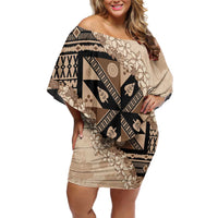 Bula Fiji Plumeria Tagimoucia Salusalu Beige Family Matching Off Shoulder Short Dress and Hawaiian Shirt Kaiviti Masi LT7 Mom's Dress Beige - Polynesian Pride