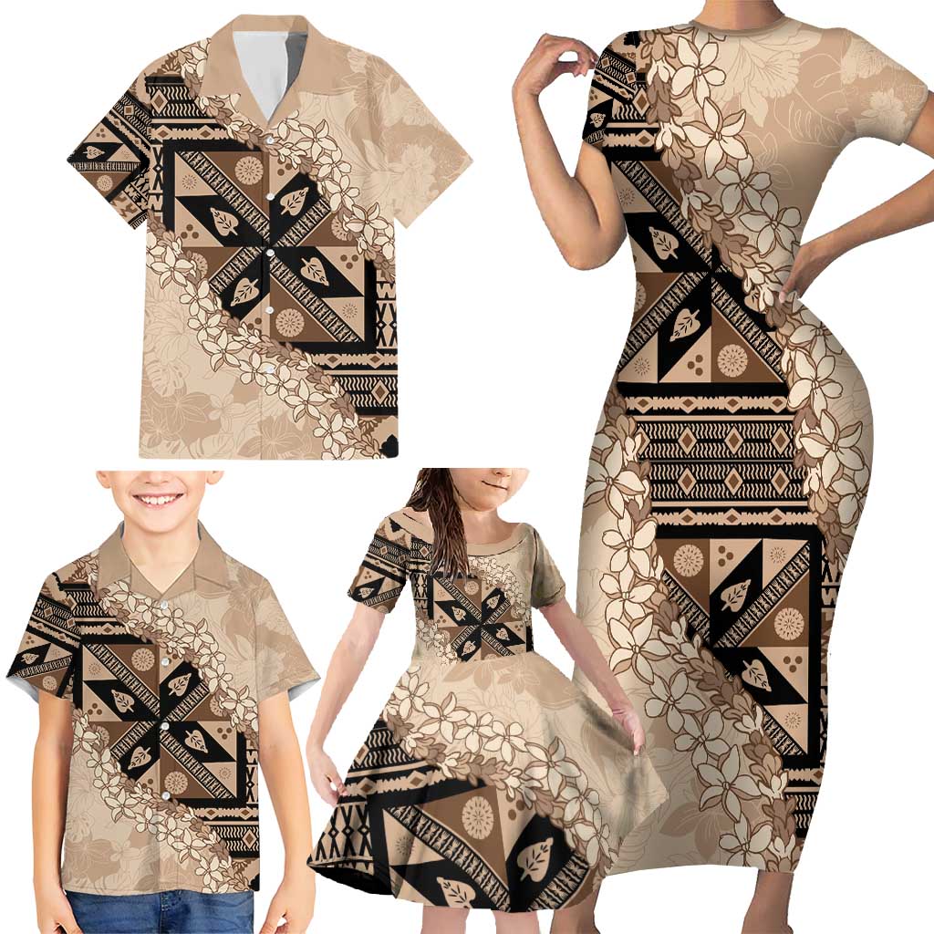 Bula Fiji Plumeria Tagimoucia Salusalu Beige Family Matching Short Sleeve Bodycon Dress and Hawaiian Shirt Kaiviti Masi LT7 - Polynesian Pride