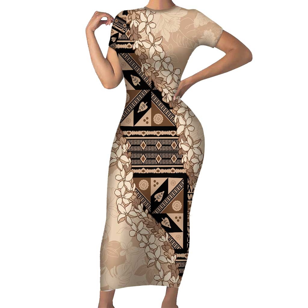 Bula Fiji Plumeria Tagimoucia Salusalu Beige Family Matching Short Sleeve Bodycon Dress and Hawaiian Shirt Kaiviti Masi LT7 Mom's Dress Beige - Polynesian Pride