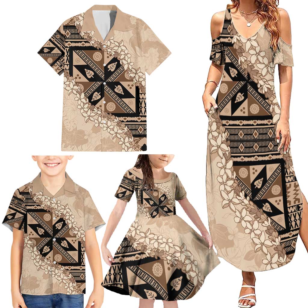 Bula Fiji Plumeria Tagimoucia Salusalu Beige Family Matching Summer Maxi Dress and Hawaiian Shirt Kaiviti Masi LT7 - Polynesian Pride