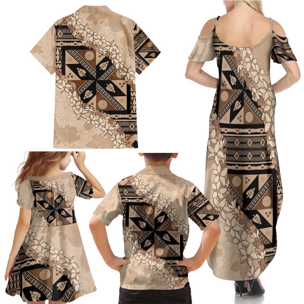 Bula Fiji Plumeria Tagimoucia Salusalu Beige Family Matching Summer Maxi Dress and Hawaiian Shirt Kaiviti Masi LT7 - Polynesian Pride