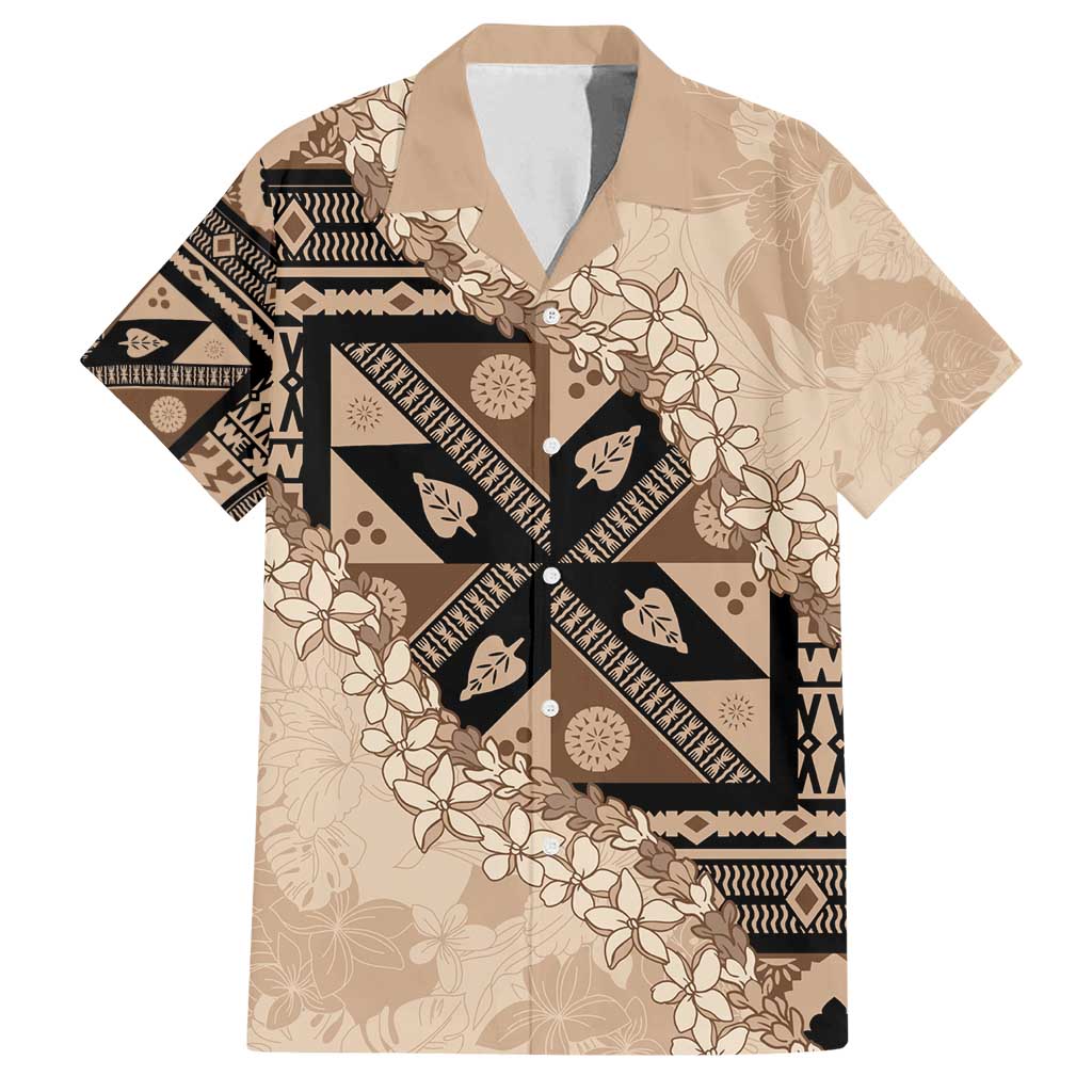 Bula Fiji Plumeria Tagimoucia Salusalu Beige Family Matching Summer Maxi Dress and Hawaiian Shirt Kaiviti Masi LT7 Dad's Shirt - Short Sleeve Beige - Polynesian Pride