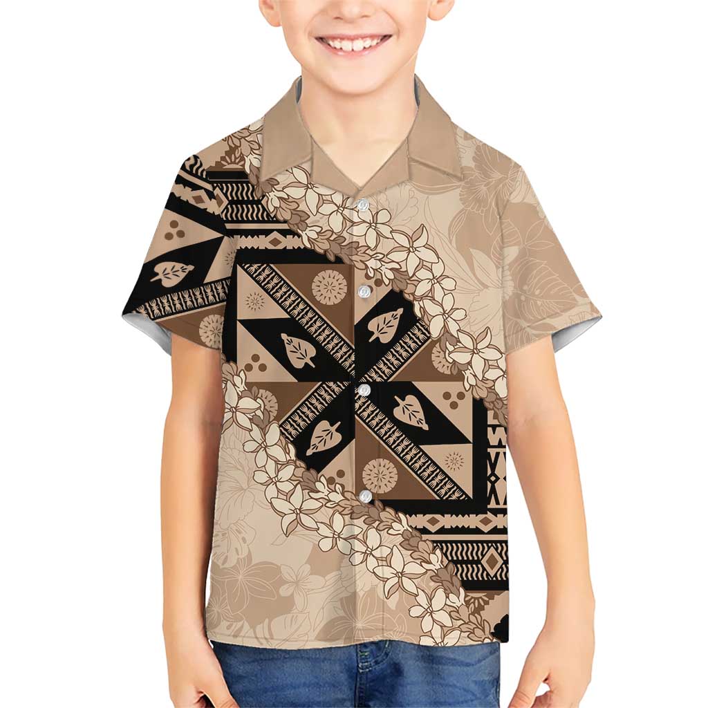 Bula Fiji Plumeria Tagimoucia Salusalu Beige Kid Hawaiian Shirt Kaiviti Masi LT7 Kid Beige - Polynesian Pride