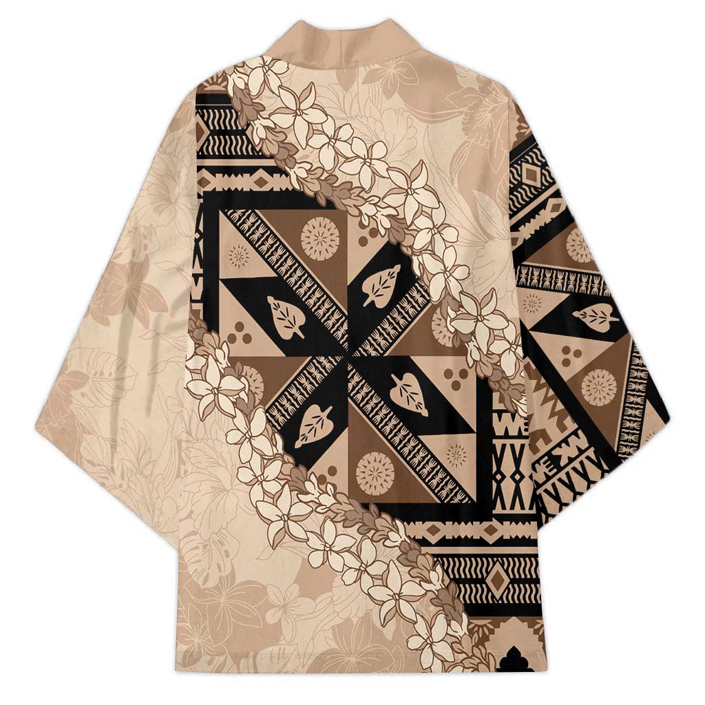 Bula Fiji Plumeria Tagimoucia Salusalu Beige Kimono Kaiviti Masi - Polynesian Pride