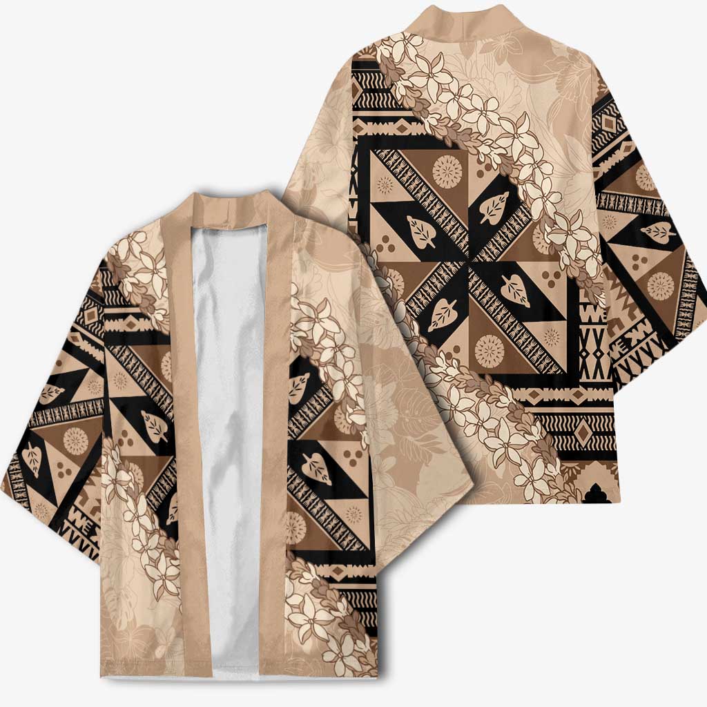Bula Fiji Plumeria Tagimoucia Salusalu Beige Kimono Kaiviti Masi - Polynesian Pride