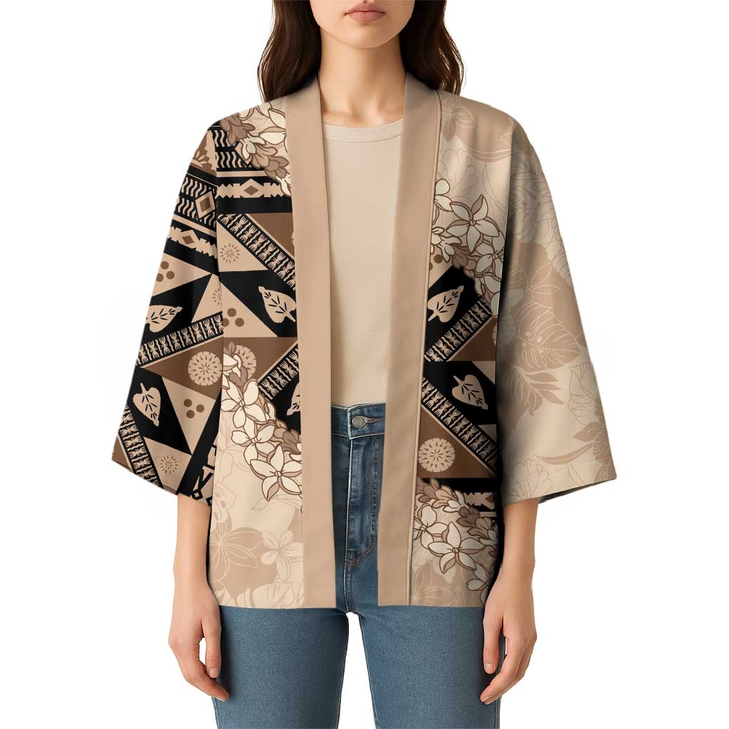 Bula Fiji Plumeria Tagimoucia Salusalu Beige Kimono Kaiviti Masi - Polynesian Pride