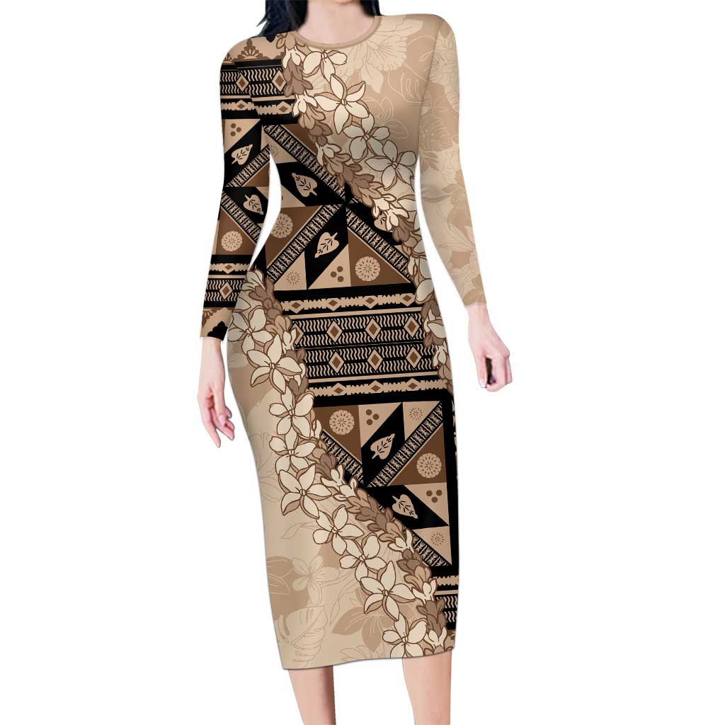 Bula Fiji Plumeria Tagimoucia Salusalu Beige Long Sleeve Bodycon Dress Kaiviti Masi - Polynesian Pride