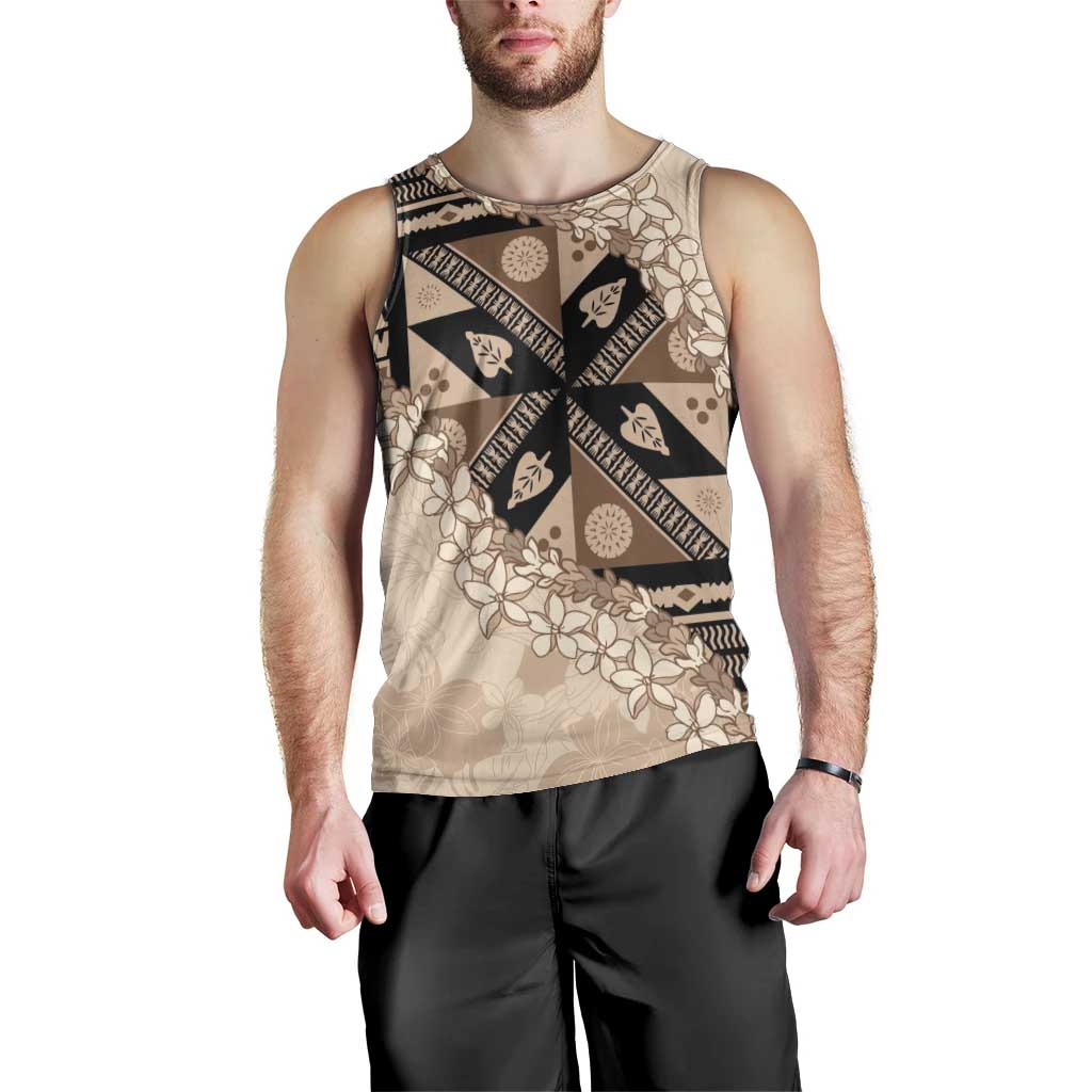 Bula Fiji Plumeria Tagimoucia Salusalu Beige Men Tank Top Kaiviti Masi - Polynesian Pride