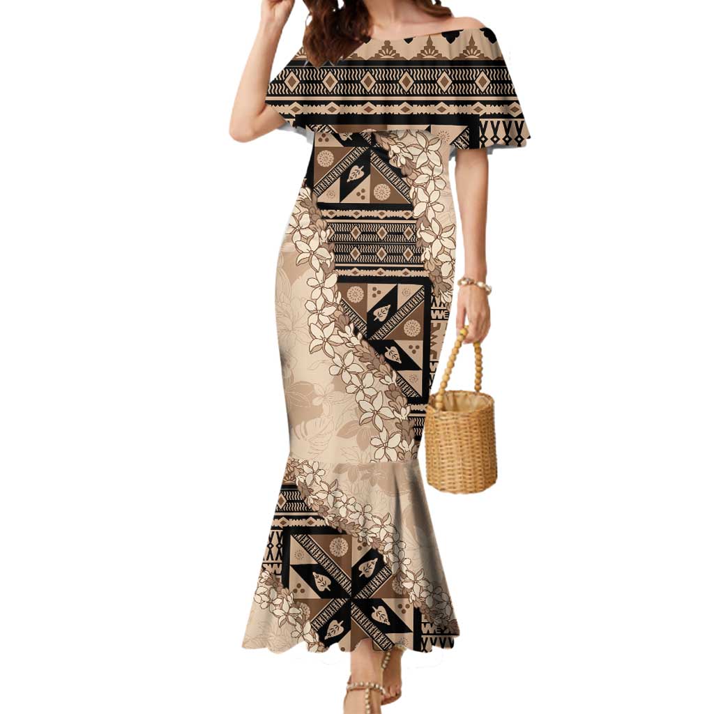 Bula Fiji Plumeria Tagimoucia Salusalu Beige Mermaid Dress Kaiviti Masi LT7 Women Beige - Polynesian Pride