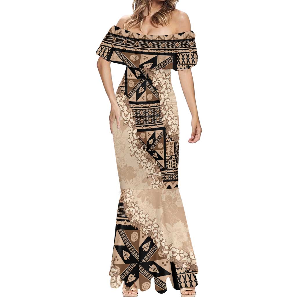 Bula Fiji Plumeria Tagimoucia Salusalu Beige Mermaid Dress Kaiviti Masi LT7 - Polynesian Pride