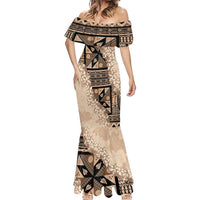 Bula Fiji Plumeria Tagimoucia Salusalu Beige Mermaid Dress Kaiviti Masi LT7 - Polynesian Pride