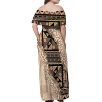 Bula Fiji Plumeria Tagimoucia Salusalu Beige Off Shoulder Maxi Dress Kaiviti Masi LT7 - Polynesian Pride