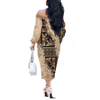 Bula Fiji Plumeria Tagimoucia Salusalu Beige Off The Shoulder Long Sleeve Dress Kaiviti Masi LT7 - Polynesian Pride
