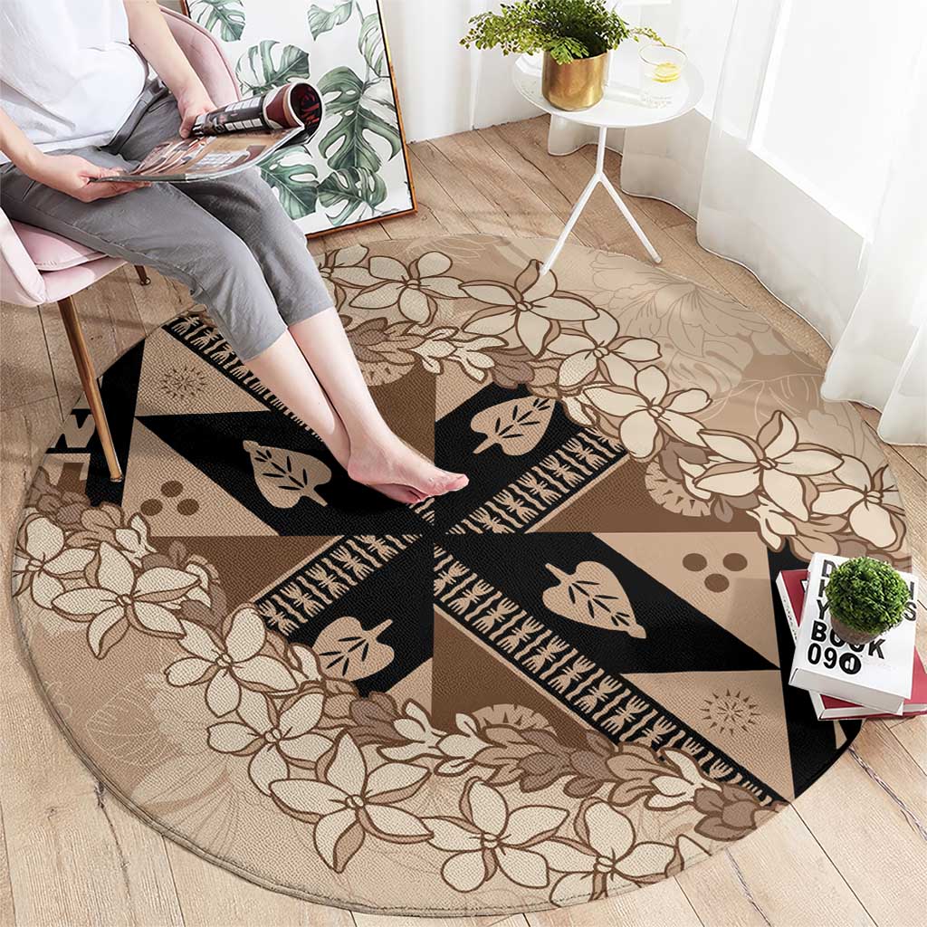 Bula Fiji Plumeria Tagimoucia Salusalu Beige Round Carpet Kaiviti Masi - Polynesian Pride
