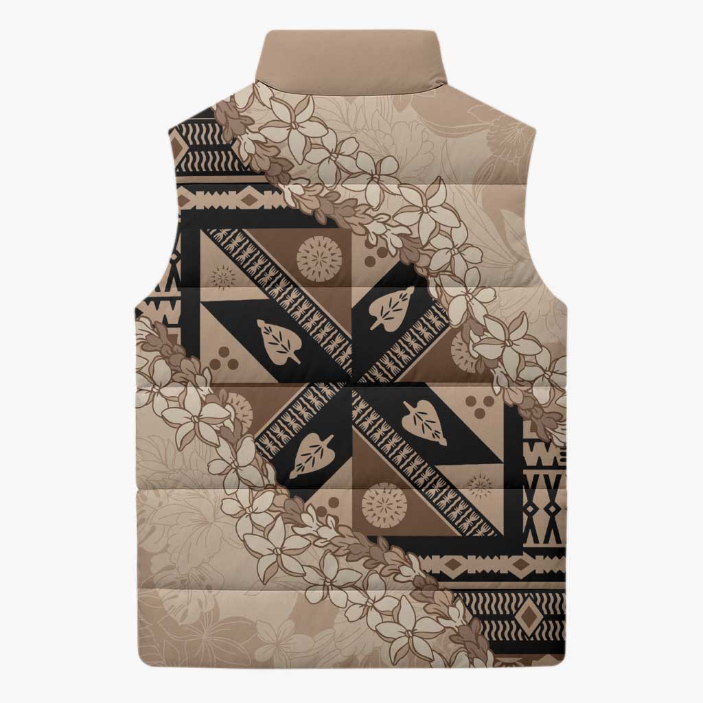 Bula Fiji Plumeria Tagimoucia Salusalu Beige Sleeveless Puffer Jacket Kaiviti Masi - Polynesian Pride