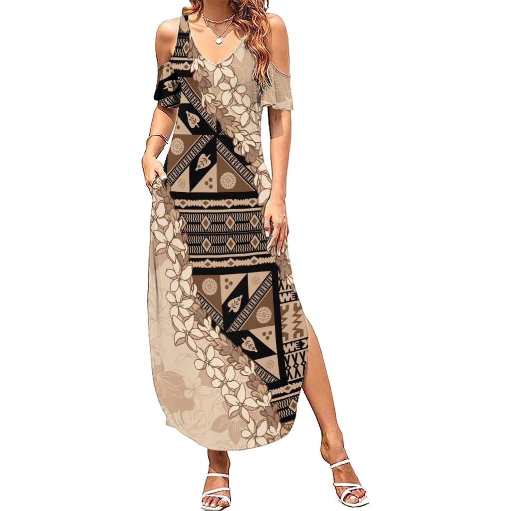 Bula Fiji Plumeria Tagimoucia Salusalu Beige Summer Maxi Dress Kaiviti Masi LT7 Women Beige - Polynesian Pride