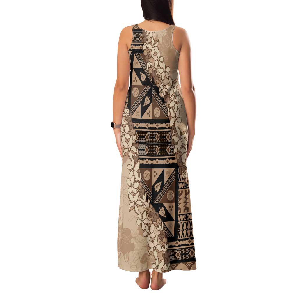 Bula Fiji Plumeria Tagimoucia Salusalu Beige Tank Maxi Dress Kaiviti Masi LT7 - Polynesian Pride