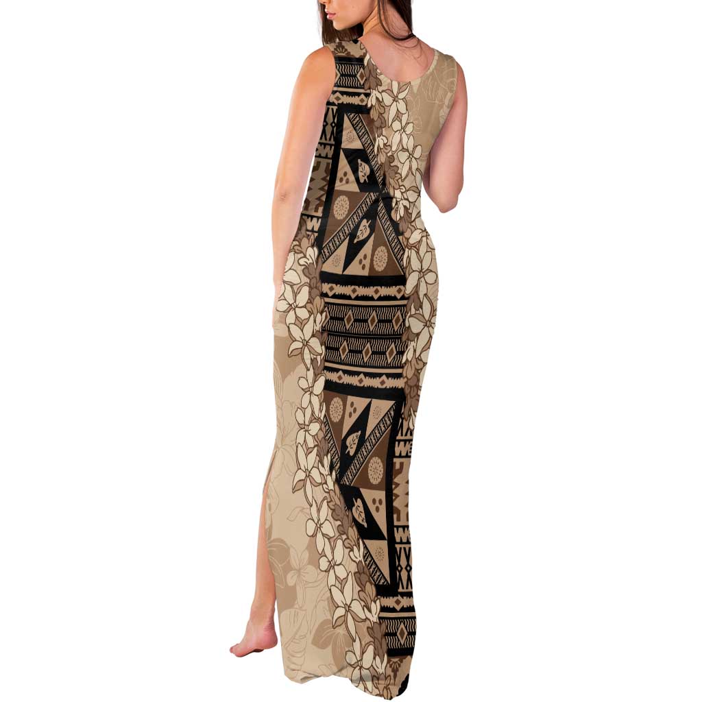 Bula Fiji Plumeria Tagimoucia Salusalu Beige Tank Maxi Dress Kaiviti Masi LT7 - Polynesian Pride
