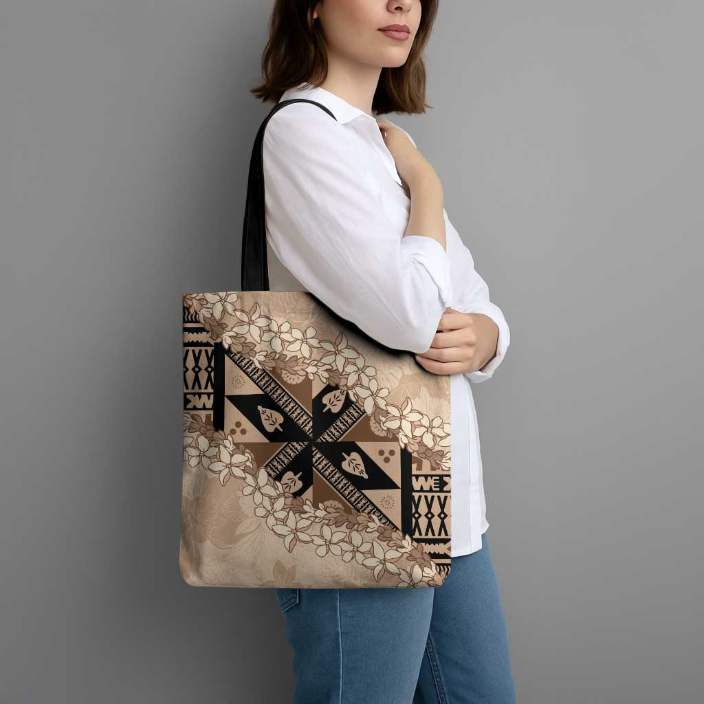 Bula Fiji Plumeria Tagimoucia Salusalu Beige Tote Bag Kaiviti Masi - Polynesian Pride