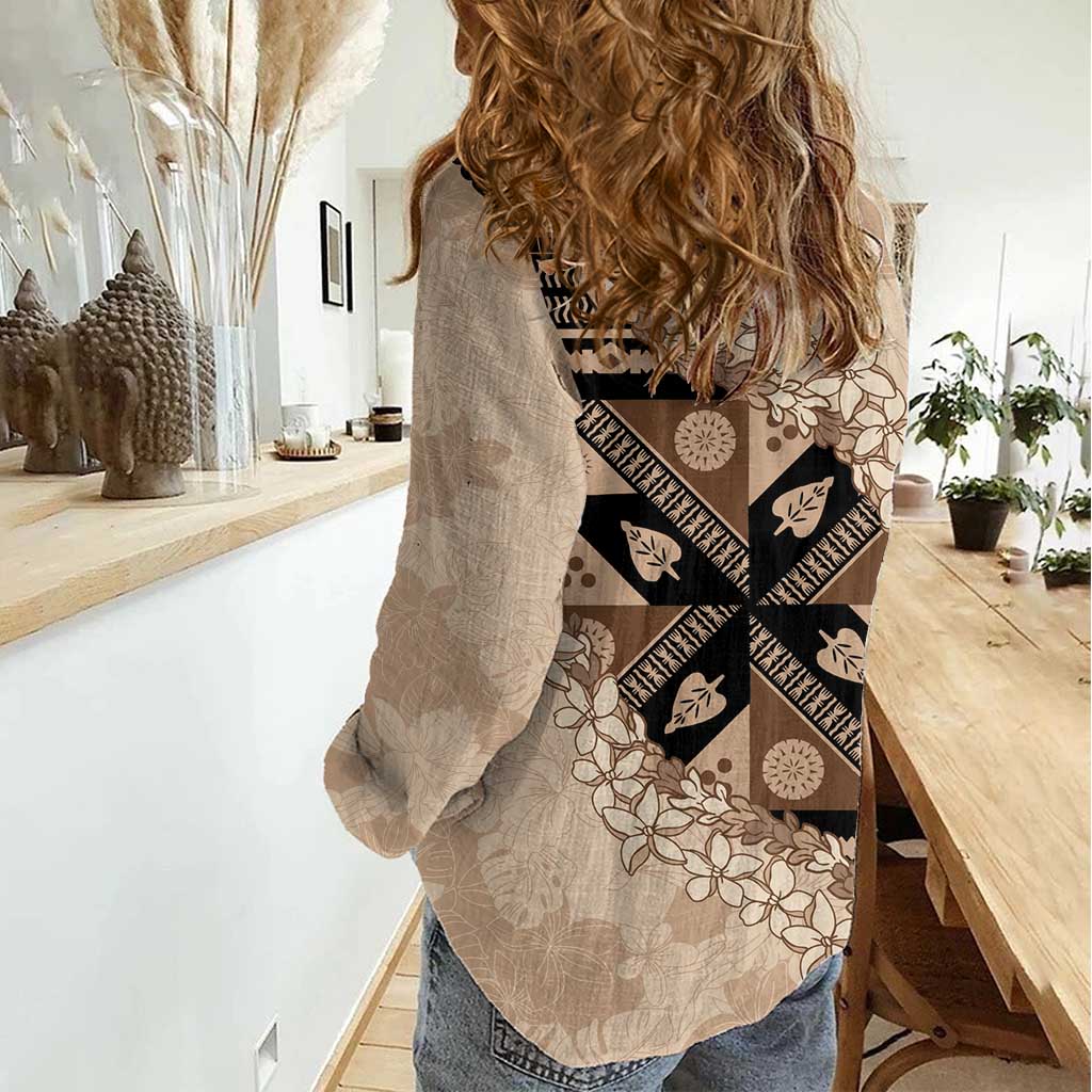 Bula Fiji Plumeria Tagimoucia Salusalu Beige Women Casual Shirt Kaiviti Masi LT7 - Polynesian Pride