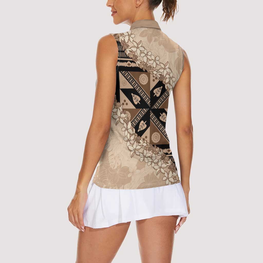Bula Fiji Plumeria Tagimoucia Salusalu Beige Women Sleeveless Polo Shirt Kaiviti Masi LT7 - Polynesian Pride