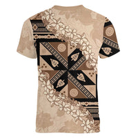 Bula Fiji Plumeria Tagimoucia Salusalu Beige Women V-Neck T-Shirt Kaiviti Masi LT7 - Polynesian Pride