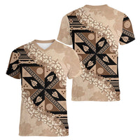 Bula Fiji Plumeria Tagimoucia Salusalu Beige Women V-Neck T-Shirt Kaiviti Masi LT7 - Polynesian Pride