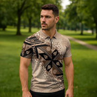 Bula Fiji Plumeria Tagimoucia Salusalu Beige Zipper Polo Shirt Kaiviti Masi - Polynesian Pride