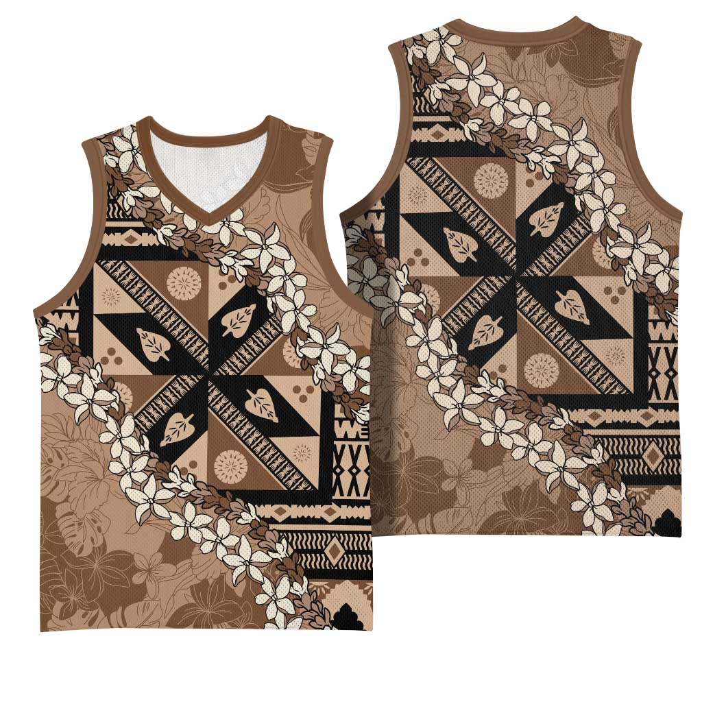 Bula Fiji Plumeria Tagimoucia Salusalu Mocha Basketball Jersey Kaiviti Masi LT7 - Polynesian Pride