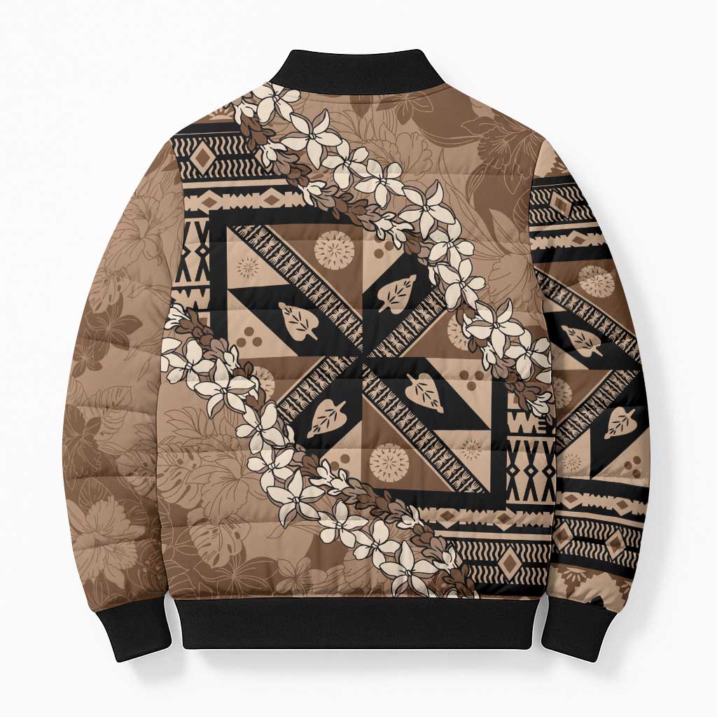 Bula Fiji Plumeria Tagimoucia Salusalu Mocha Bomber Puffer Jacket Kaiviti Masi - Polynesian Pride