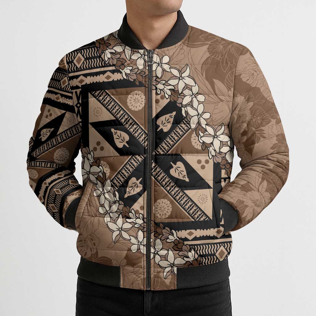Bula Fiji Plumeria Tagimoucia Salusalu Mocha Bomber Puffer Jacket Kaiviti Masi - Polynesian Pride