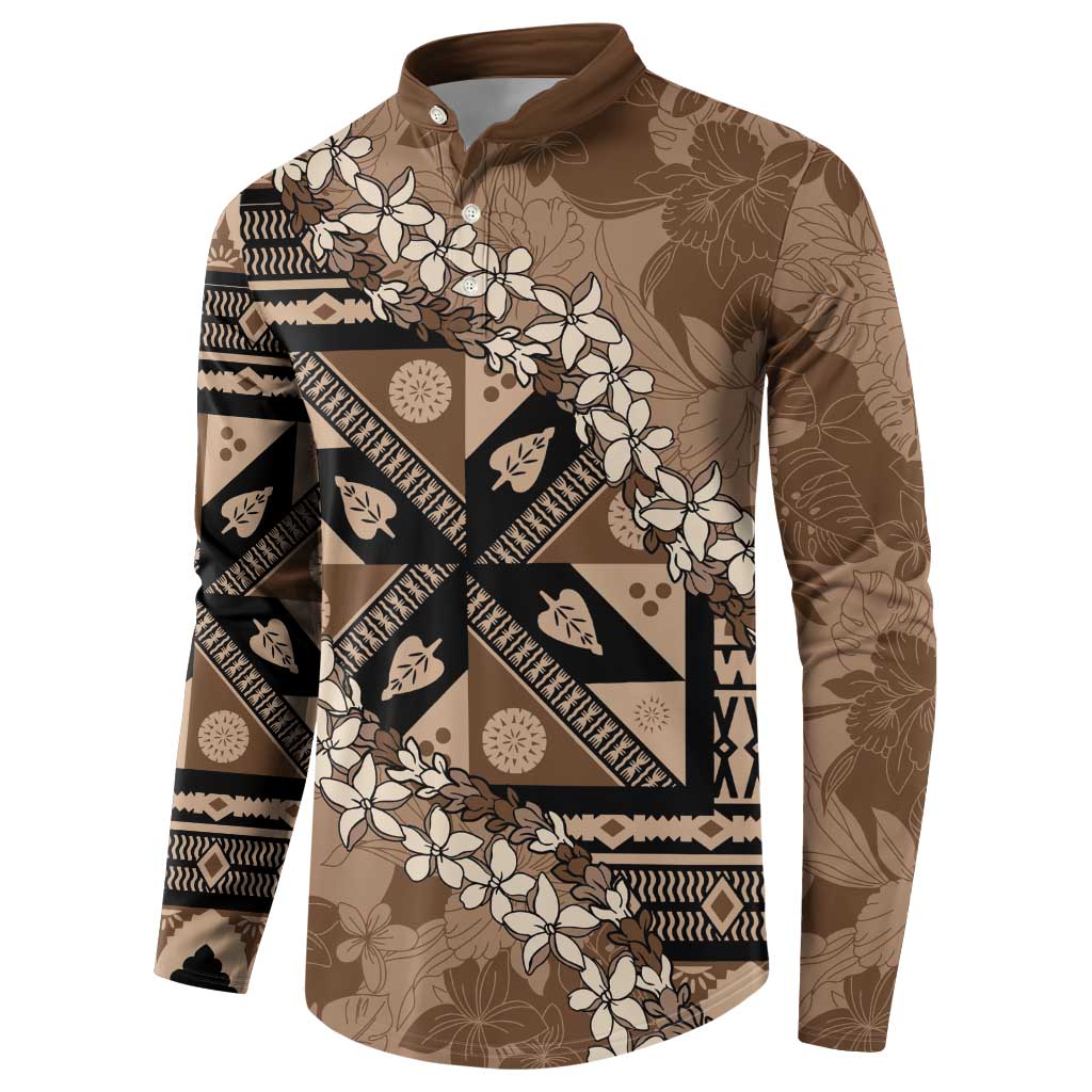 Bula Fiji Plumeria Tagimoucia Salusalu Mocha Button Sweatshirt Kaiviti Masi - Polynesian Pride
