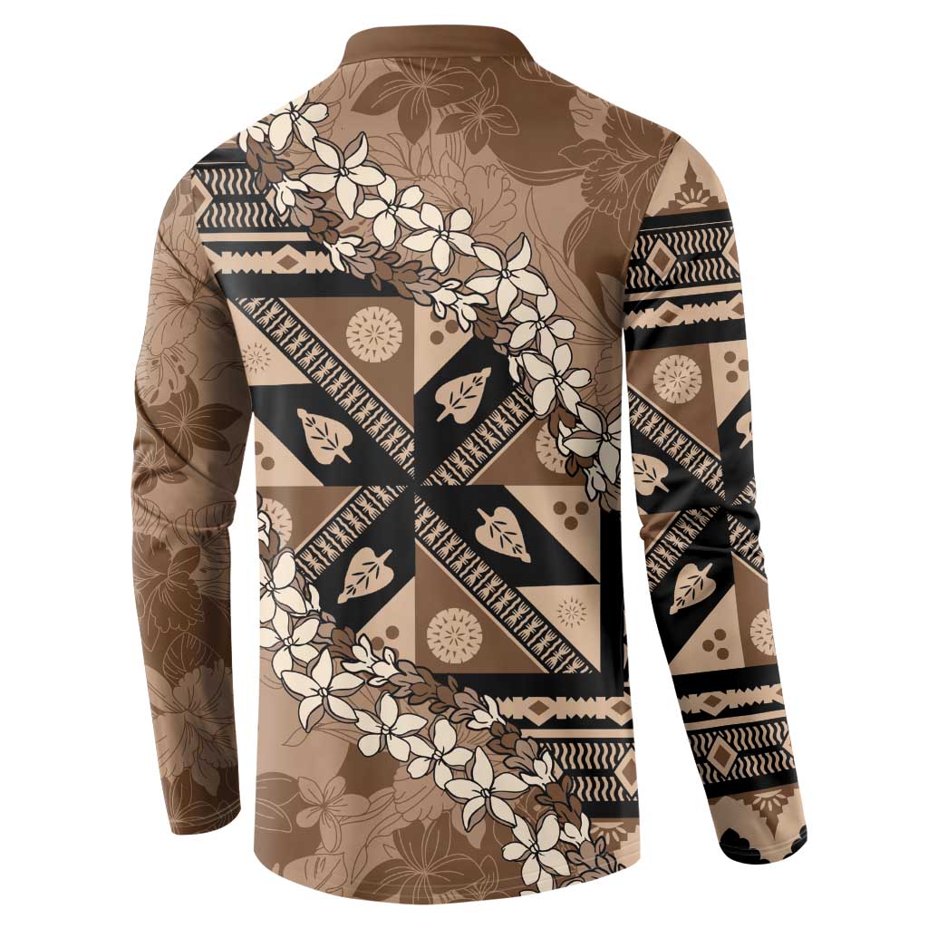 Bula Fiji Plumeria Tagimoucia Salusalu Mocha Button Sweatshirt Kaiviti Masi - Polynesian Pride