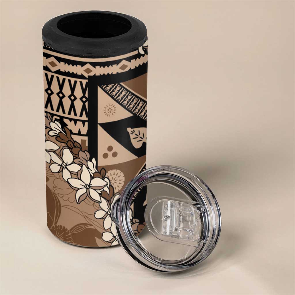 Bula Fiji Plumeria Tagimoucia Salusalu Mocha 4 in 1 Can Cooler Tumbler Kaiviti Masi LT7 - Polynesian Pride