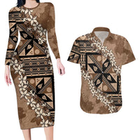 Bula Fiji Plumeria Tagimoucia Salusalu Mocha Couples Matching Long Sleeve Bodycon Dress and Hawaiian Shirt Kaiviti Masi LT7 Mocha - Polynesian Pride