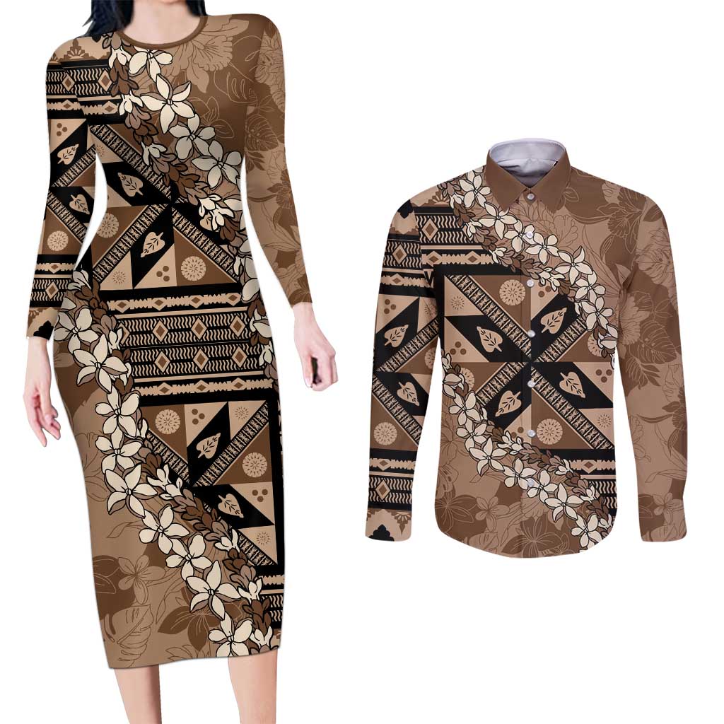 Bula Fiji Plumeria Tagimoucia Salusalu Mocha Couples Matching Long Sleeve Bodycon Dress and Long Sleeve Button Shirt Kaiviti Masi LT7 Mocha - Polynesian Pride