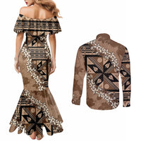 Bula Fiji Plumeria Tagimoucia Salusalu Mocha Couples Matching Mermaid Dress and Long Sleeve Button Shirt Kaiviti Masi LT7 - Polynesian Pride