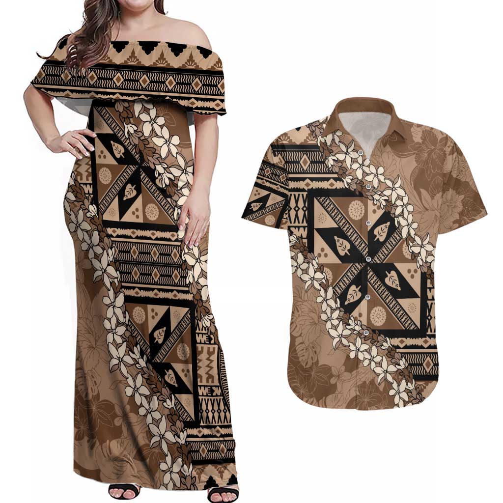 Bula Fiji Plumeria Tagimoucia Salusalu Mocha Couples Matching Off Shoulder Maxi Dress and Hawaiian Shirt Kaiviti Masi LT7 Mocha - Polynesian Pride