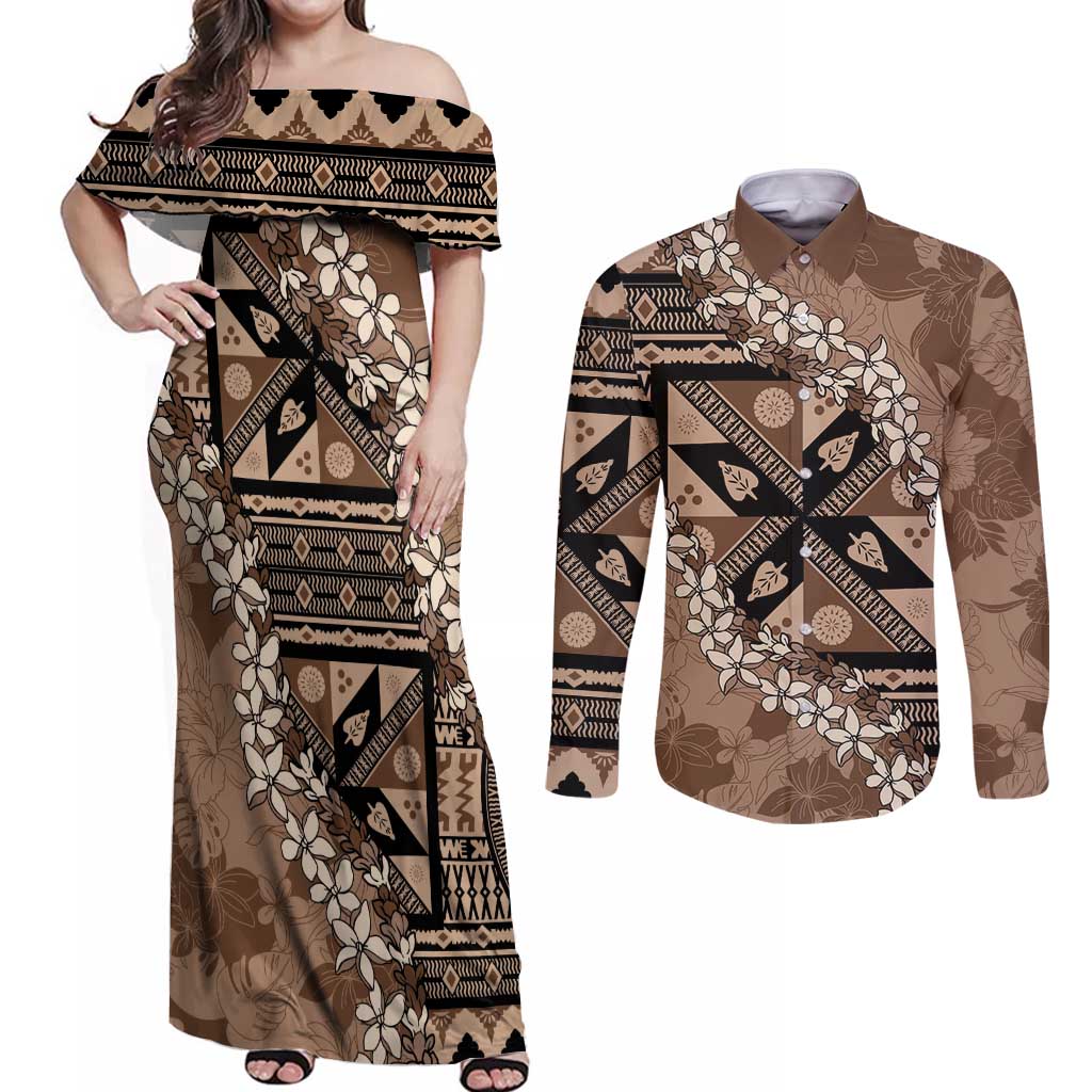Bula Fiji Plumeria Tagimoucia Salusalu Mocha Couples Matching Off Shoulder Maxi Dress and Long Sleeve Button Shirt Kaiviti Masi LT7 Mocha - Polynesian Pride