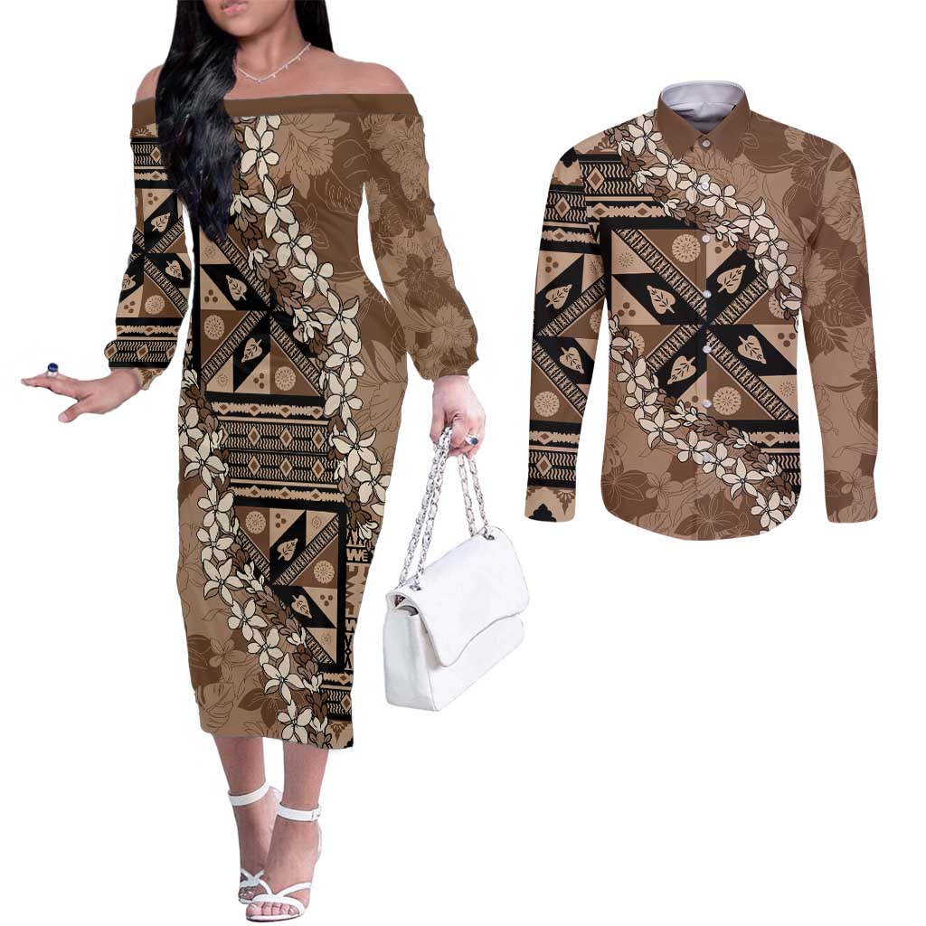 Bula Fiji Plumeria Tagimoucia Salusalu Mocha Couples Matching Off The Shoulder Long Sleeve Dress and Long Sleeve Button Shirt Kaiviti Masi LT7 Mocha - Polynesian Pride