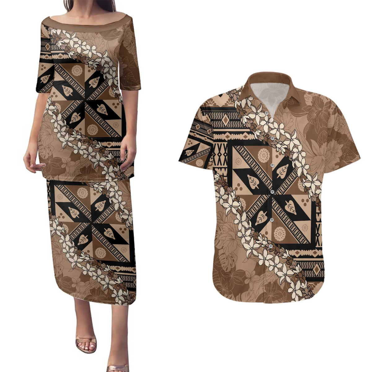 Bula Fiji Plumeria Tagimoucia Salusalu Mocha Couples Matching Puletasi and Hawaiian Shirt Kaiviti Masi LT7 Mocha - Polynesian Pride