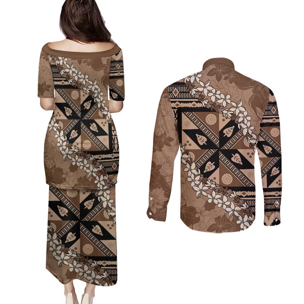 Bula Fiji Plumeria Tagimoucia Salusalu Mocha Couples Matching Puletasi and Long Sleeve Button Shirt Kaiviti Masi LT7 - Polynesian Pride