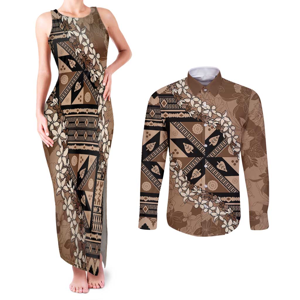 Bula Fiji Plumeria Tagimoucia Salusalu Mocha Couples Matching Tank Maxi Dress and Long Sleeve Button Shirt Kaiviti Masi LT7 Mocha - Polynesian Pride