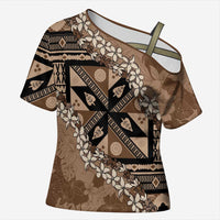 Bula Fiji Plumeria Tagimoucia Salusalu Mocha Cross Shoulder Shirt Kaiviti Masi LT7 Female Mocha - Polynesian Pride