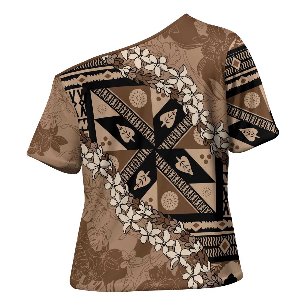 Bula Fiji Plumeria Tagimoucia Salusalu Mocha Cross Shoulder Shirt Kaiviti Masi LT7 - Polynesian Pride