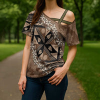 Bula Fiji Plumeria Tagimoucia Salusalu Mocha Cross Shoulder Shirt Kaiviti Masi LT7 - Polynesian Pride